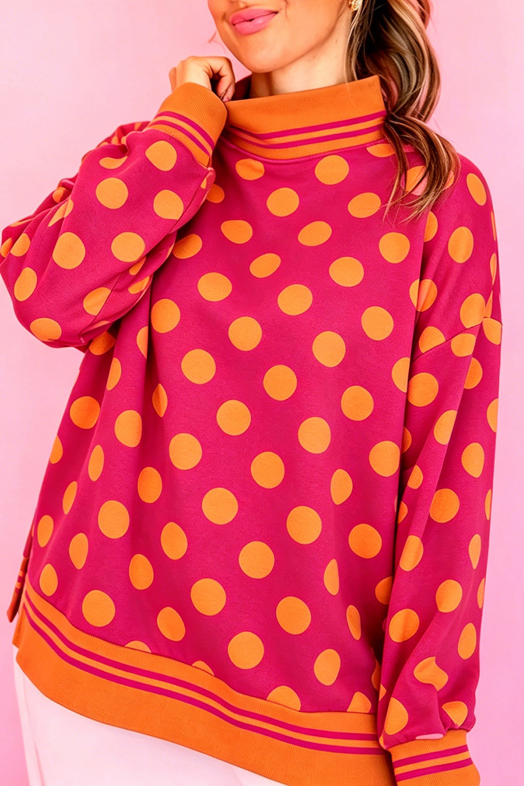 Rose Polka Dot Striped Trim Mock Neck Sweatshirt