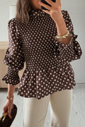 Brown Polka Dot Ruffled High Neck Shirred Ruffle Hem Blouse
