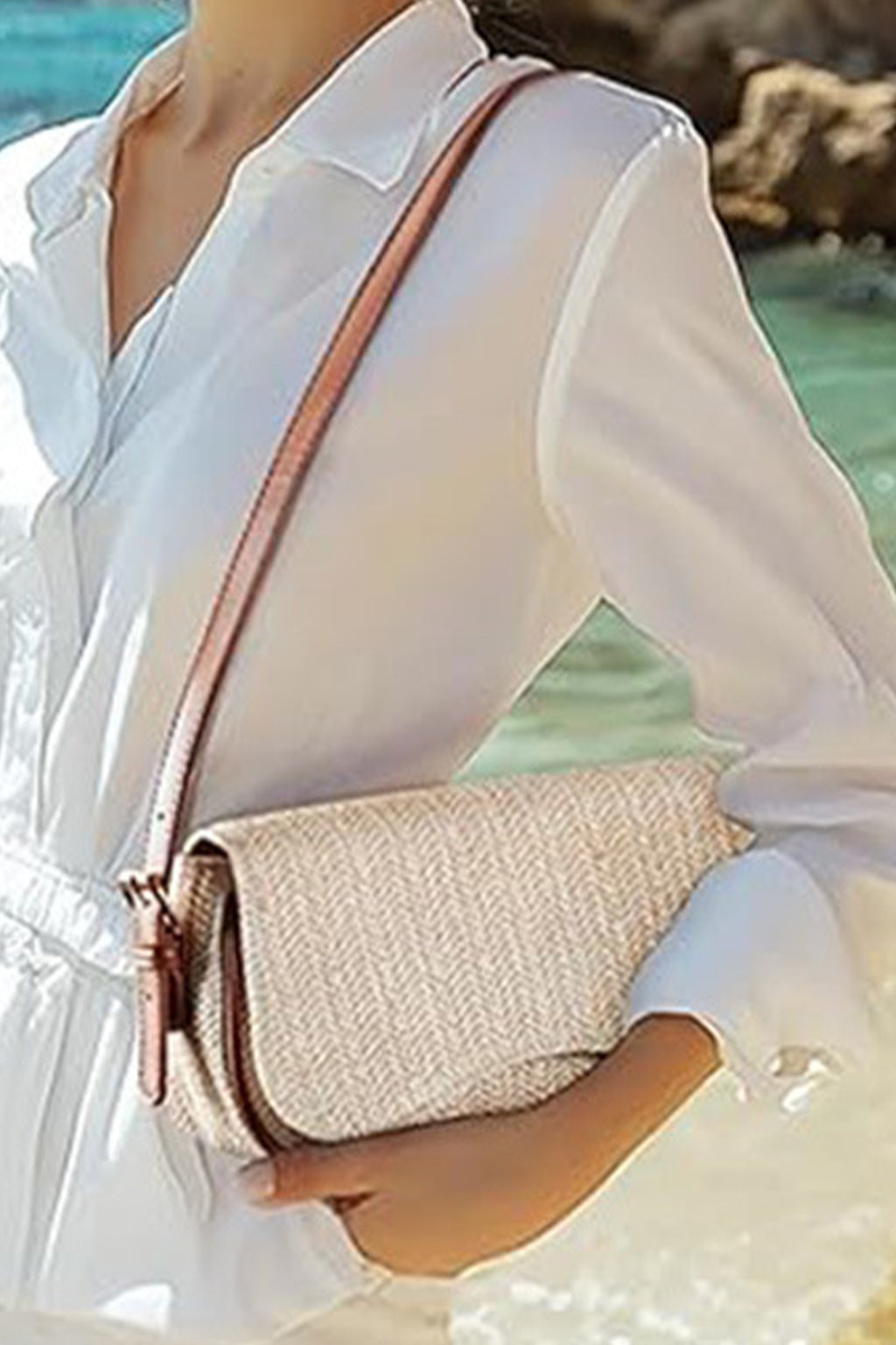 White Raffia Woven PU Leather Trim Shoulder Bag