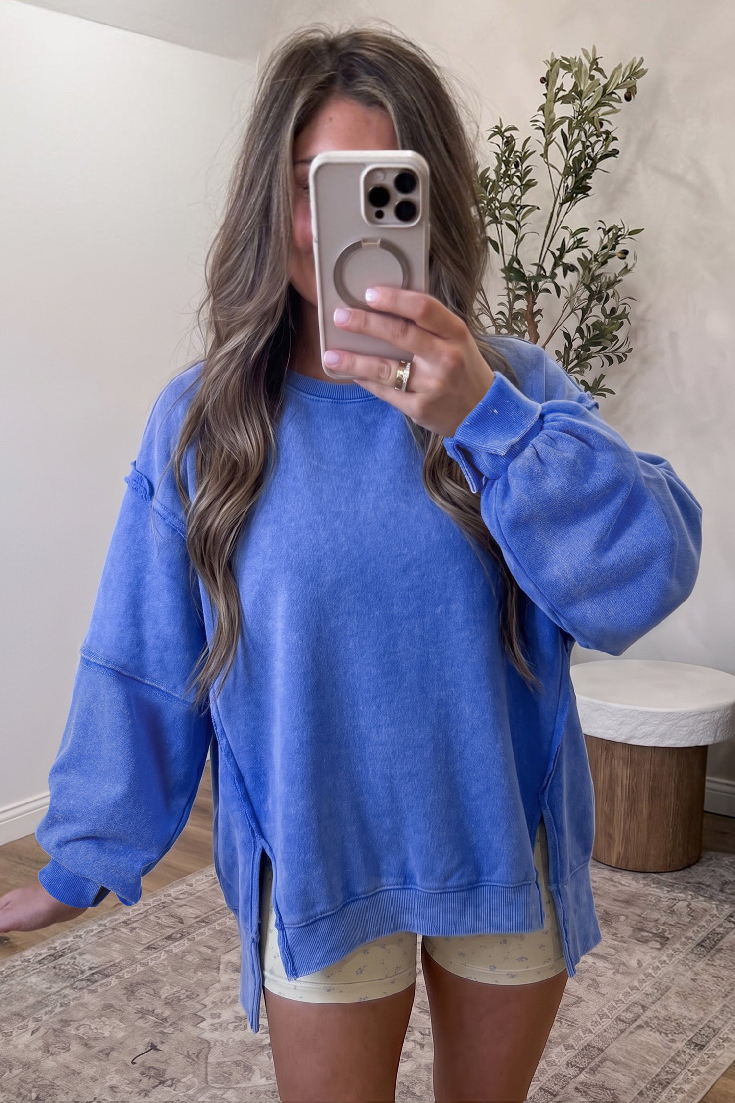 Sky Blue Mineral Wash Split Hem Loose Tunic Sweatshirt