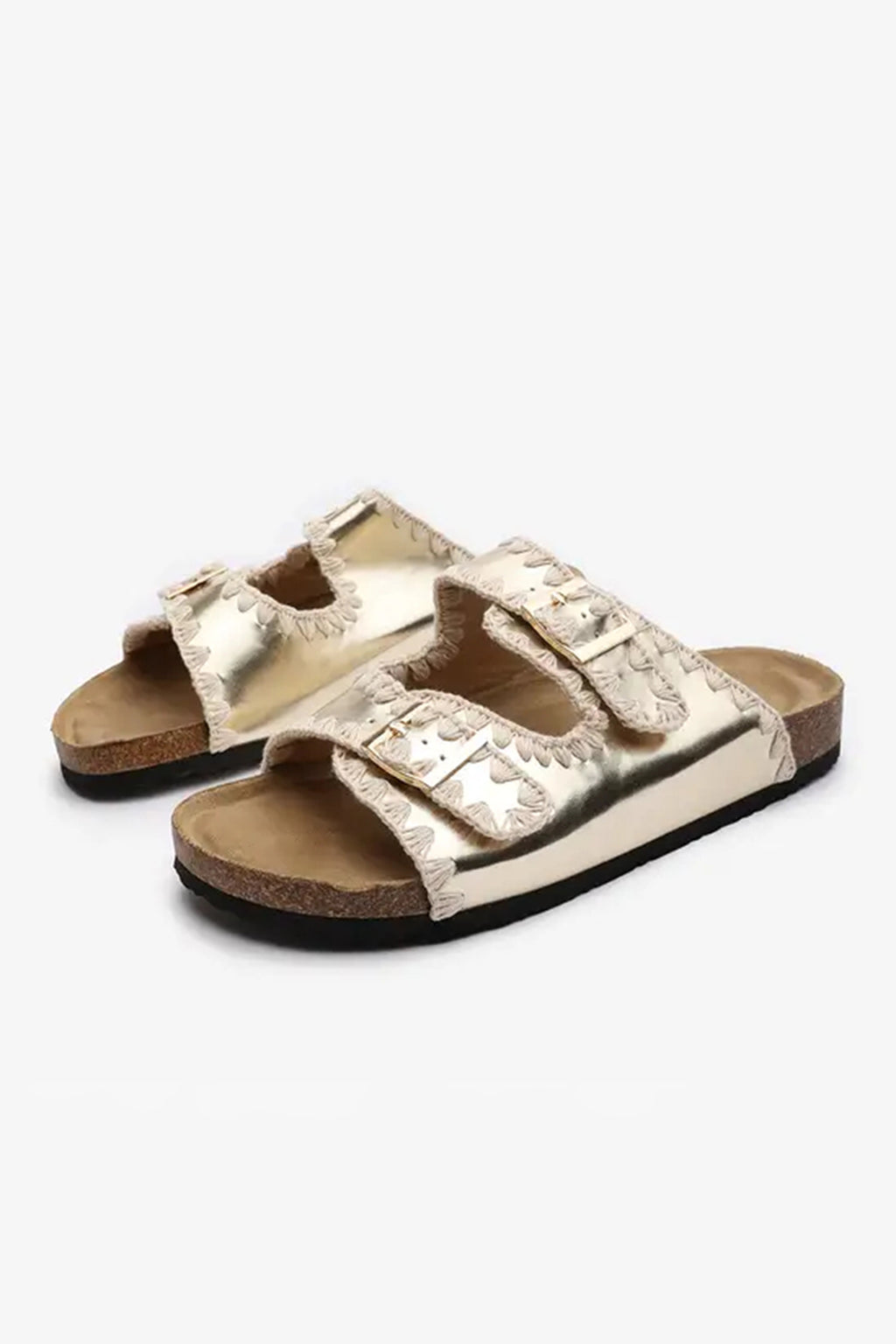 Gold PU Leather Contrast Stitch Flat Sliders
