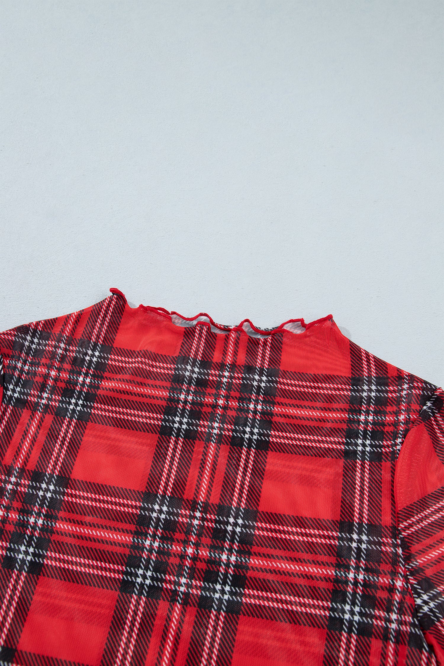Red Plaid Round Neck Long Sleeve Pullover Top