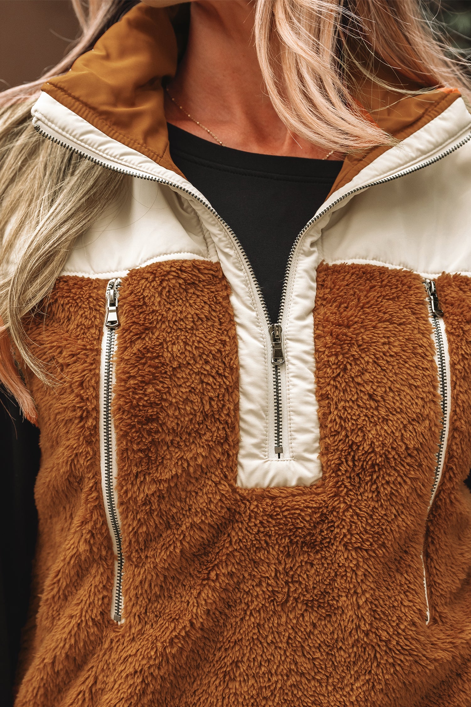 Chestnut Color Block Plush Patchwork Zipper Stand Neck Vest