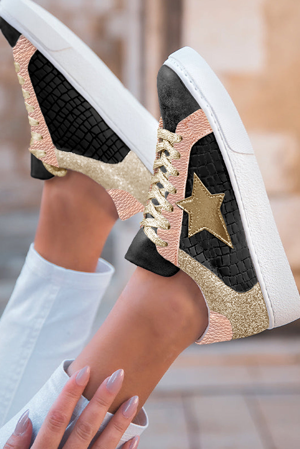 Tillandsia Purple Dearlove Glitter Star Patchwork PU Leather Lace-up Sneakers