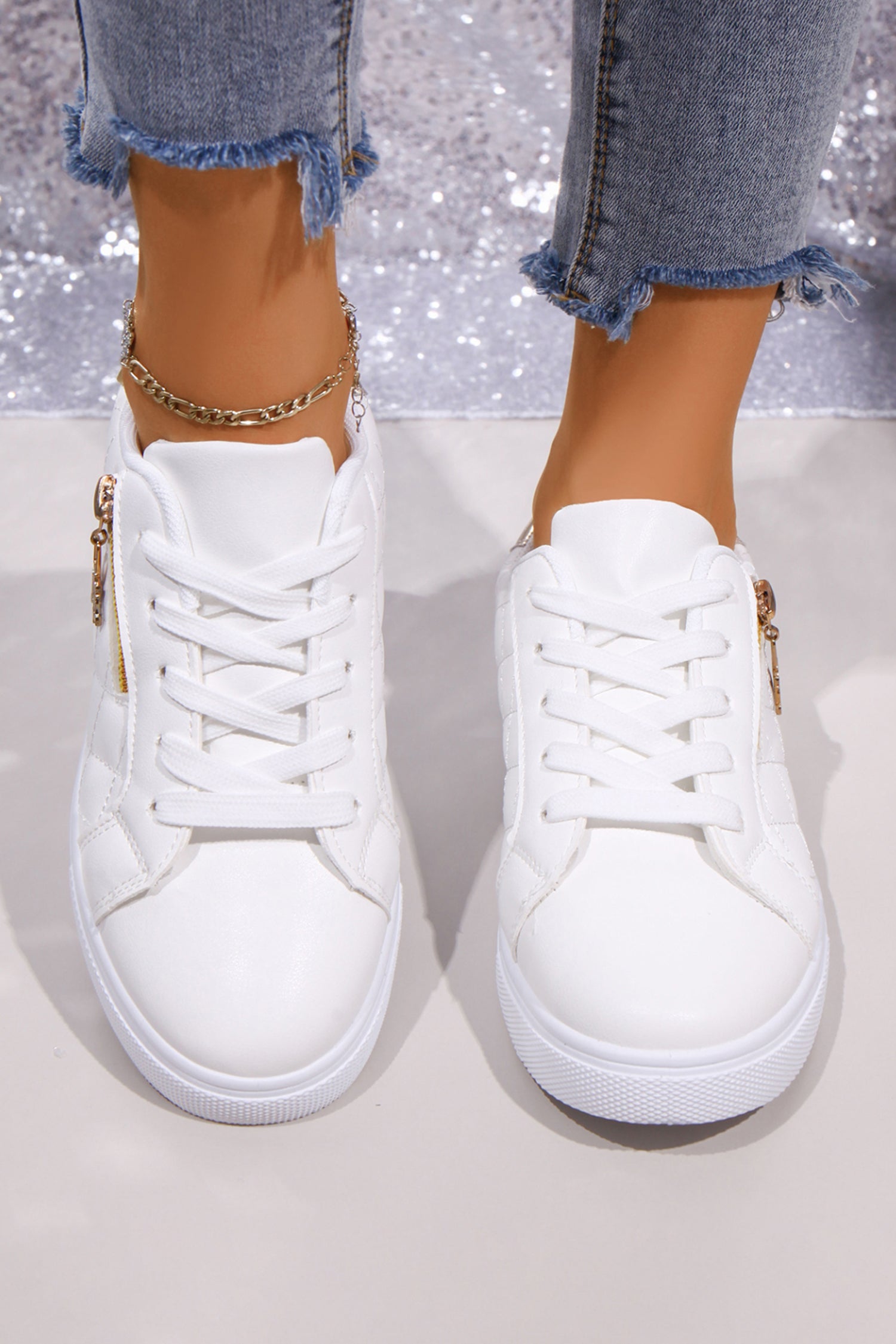 White Quilted PU Leather Zip Metallic Detail Lace-up Shoes