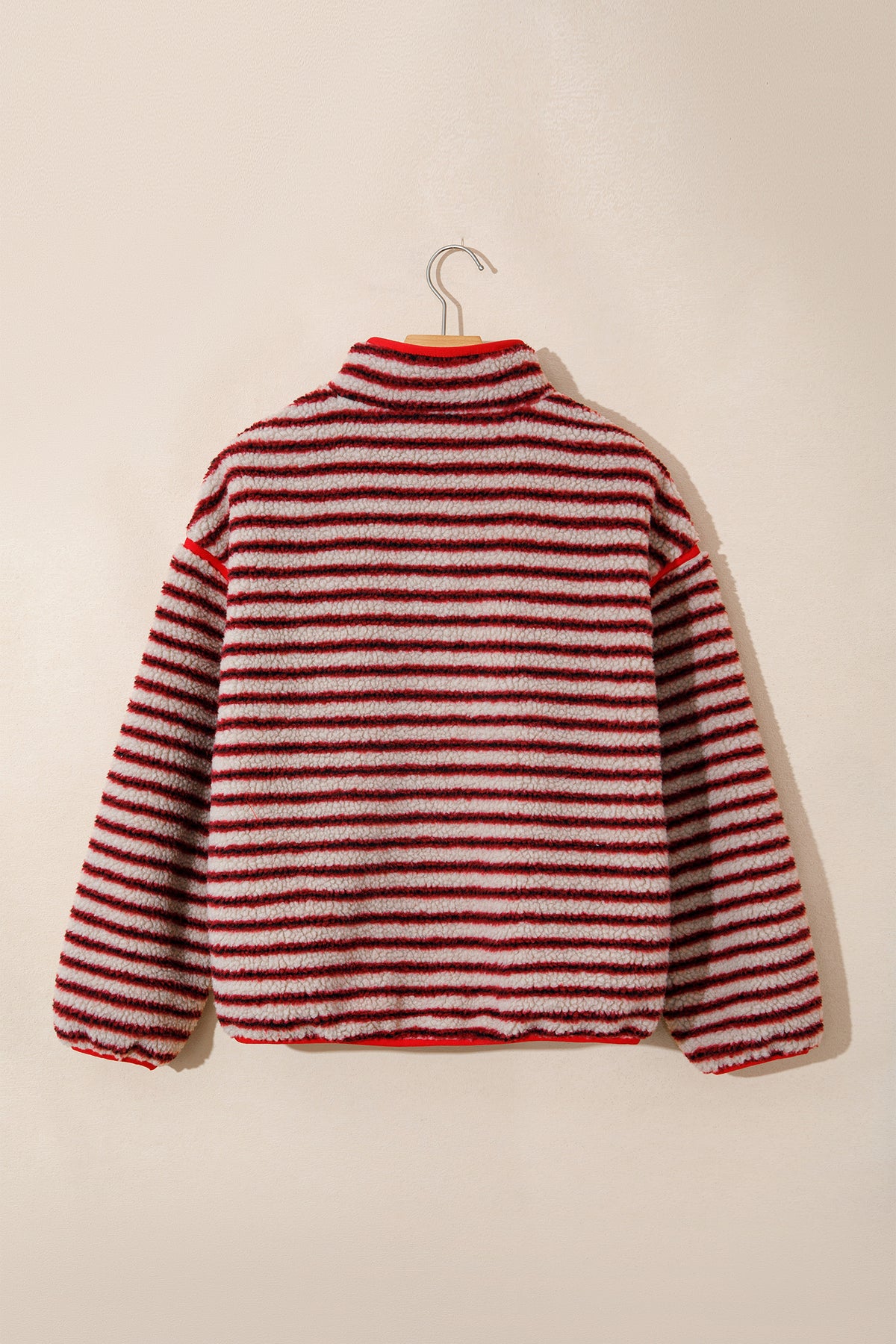 Red Striped Fuzzy Colorblock Button Placket Sweatshirt