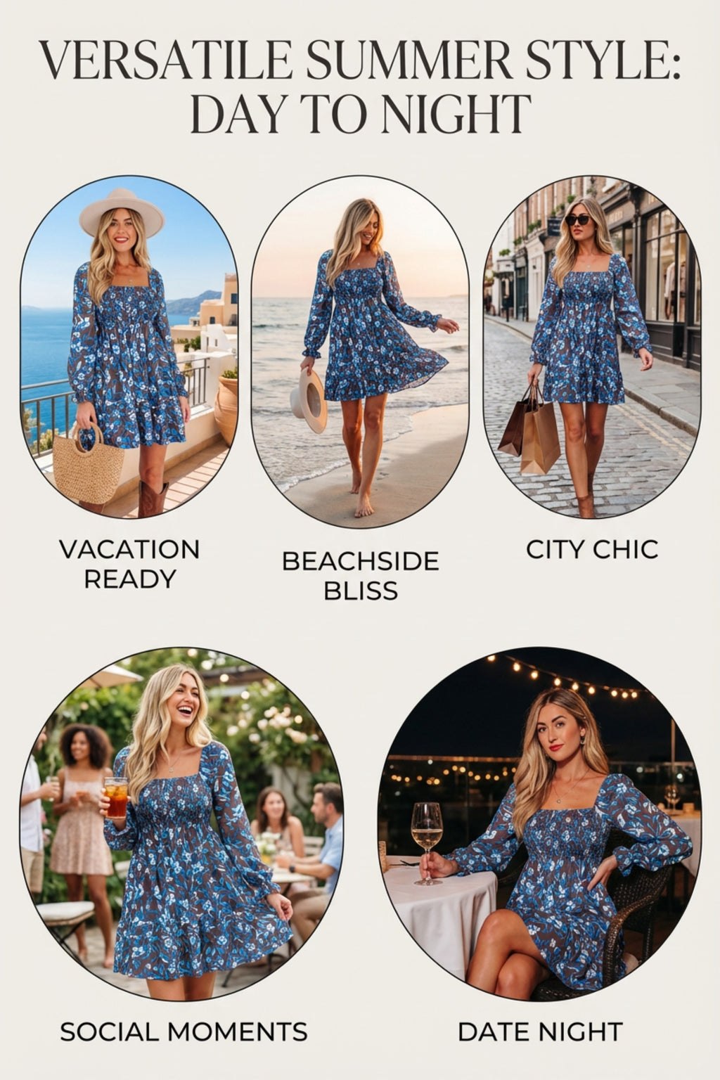 Blue Smocked Bodice High Waist Ruffled Sleeve Floral Dress