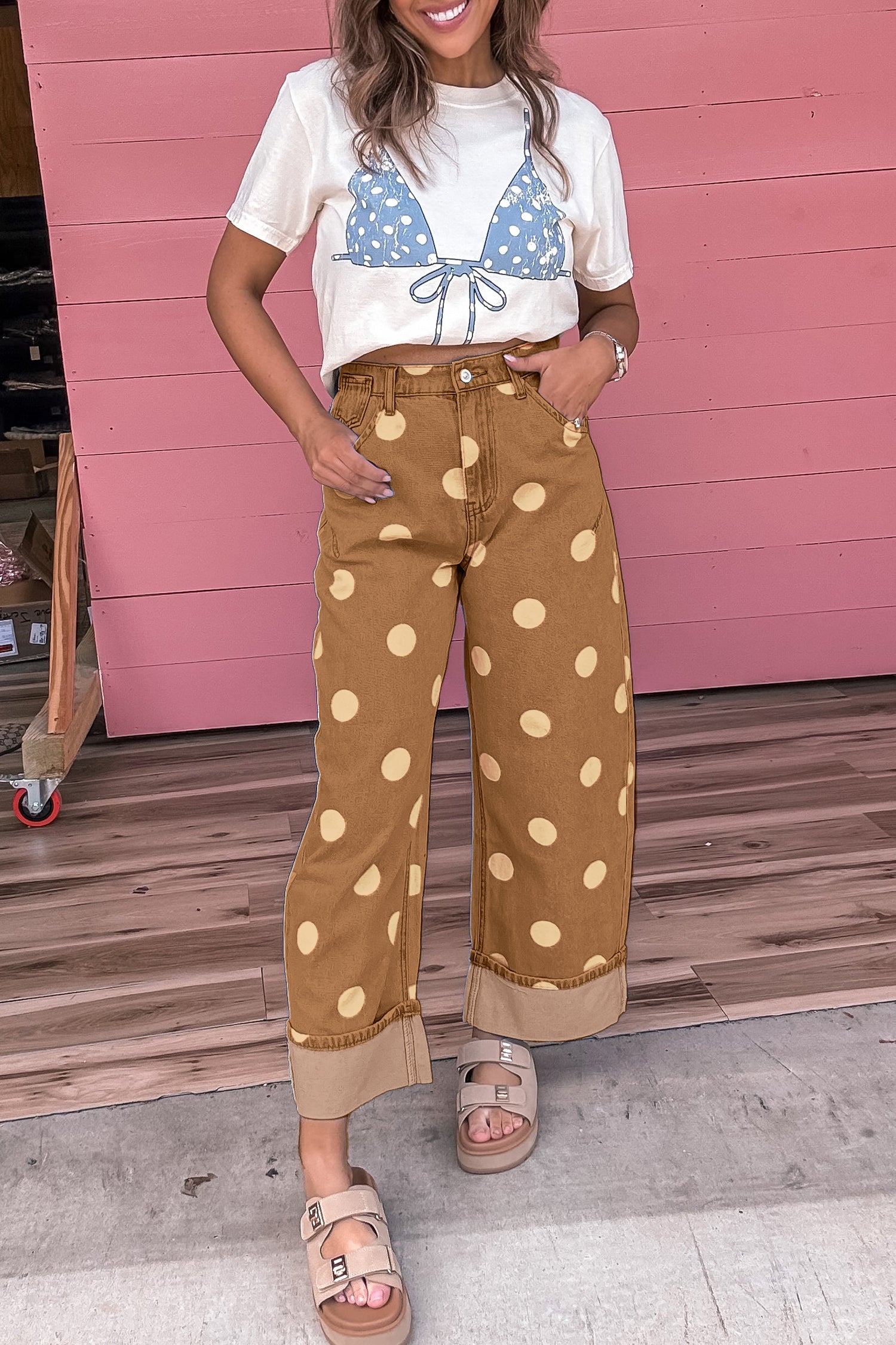 Sky Blue Polka Dot Ankle-Length Metal Button Casual Jeans
