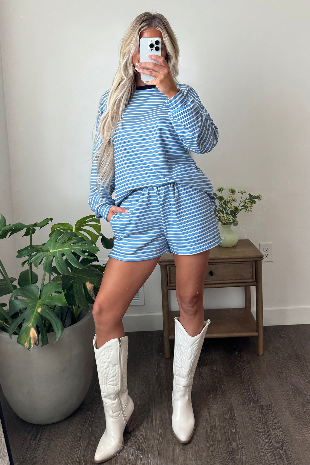 Sky Blue Stripe Long Sleeve Oversized Top Pocketed Casual Shorts Two Piece Set