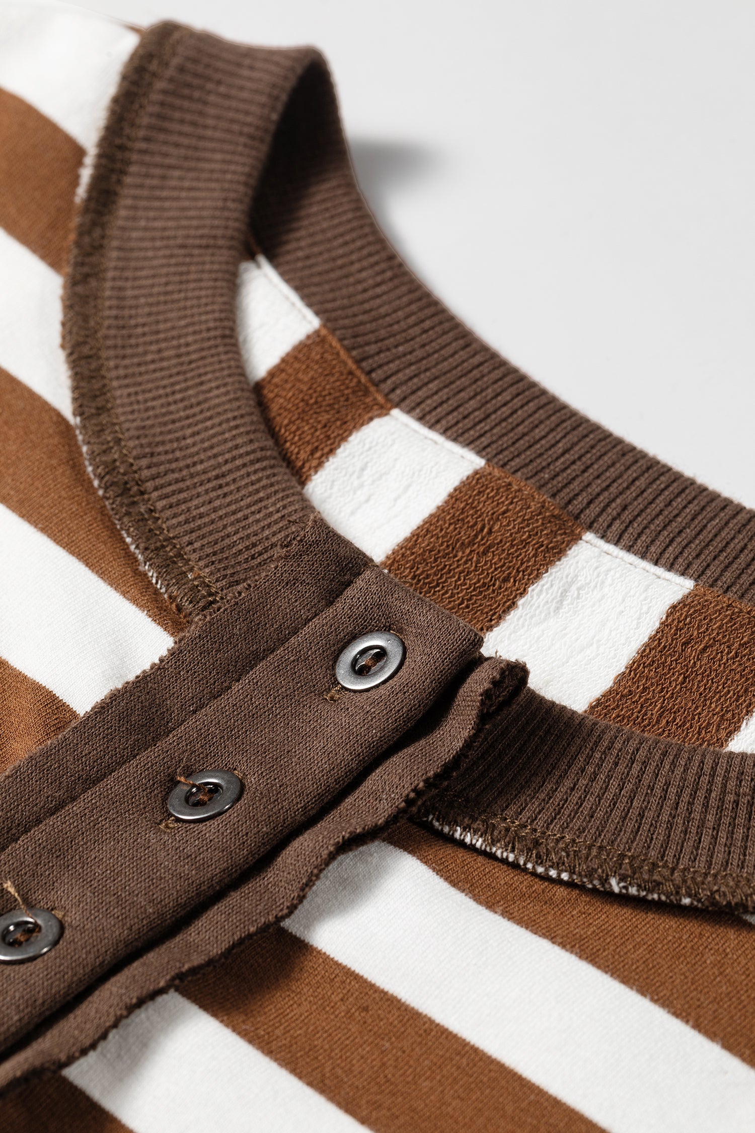 Brown Stripe Exposed Seam Color Block Patchwork Button Placket Sweatshirt