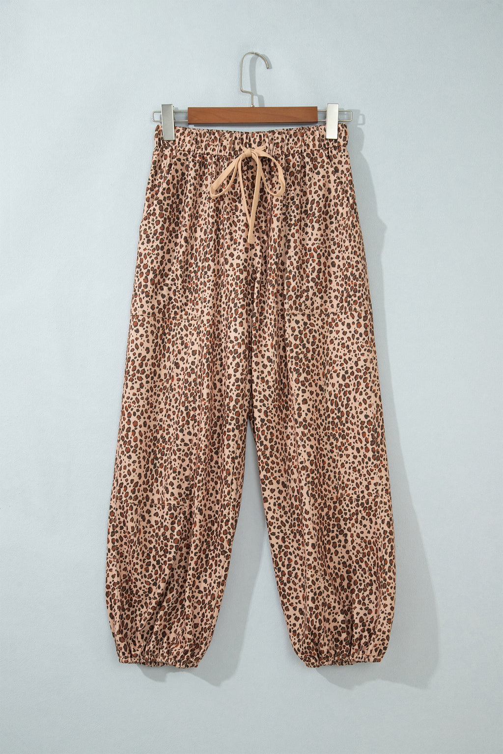 Khaki Leopard Print Drawstring Waist Patch Pockets Pants