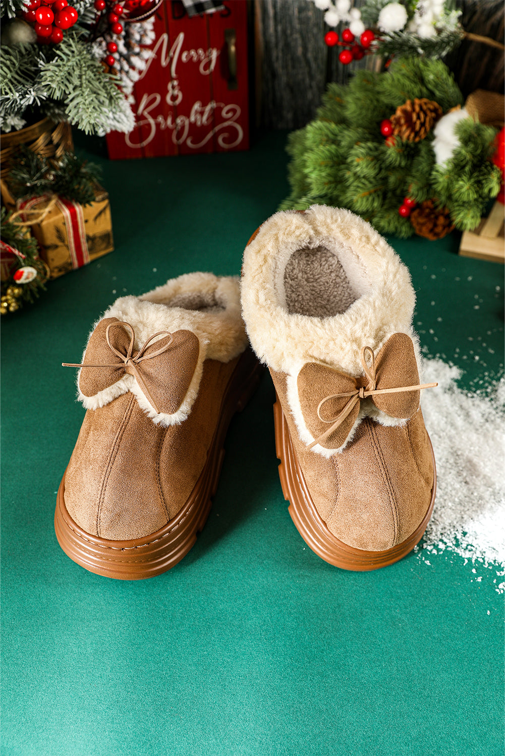 Straw Yellow Cozy Faux Fur Lined Bow Decor Clog Slippers