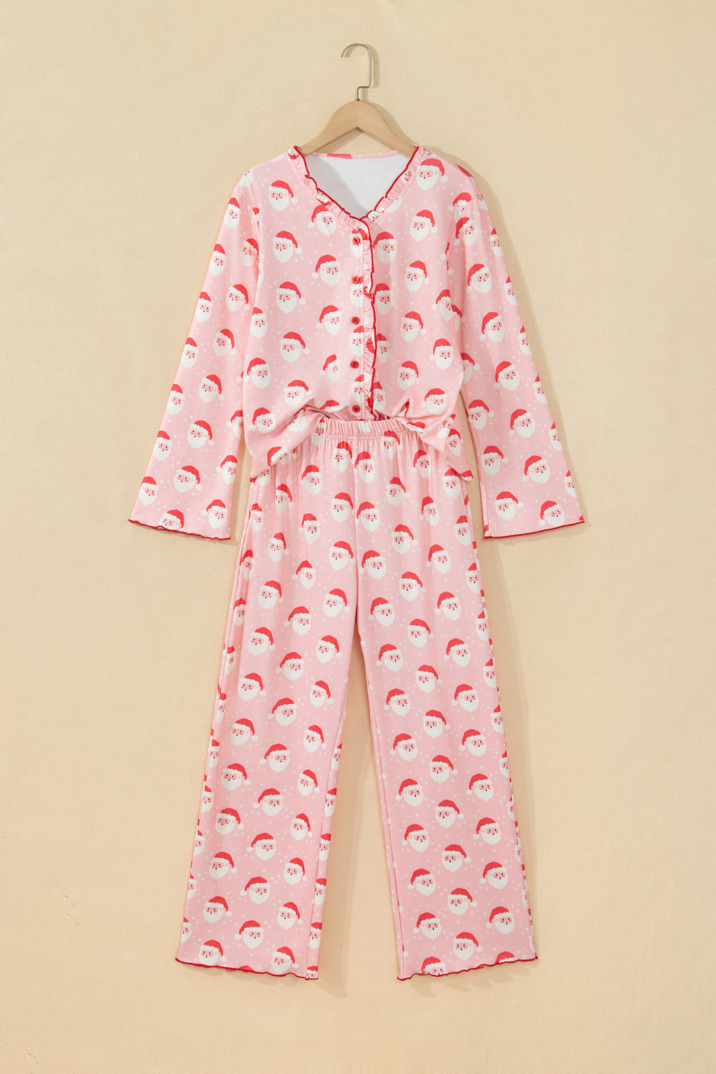 Pink Christmas Santa Print Frilled Button Front Long Sleeve Top Lounge Pant Set