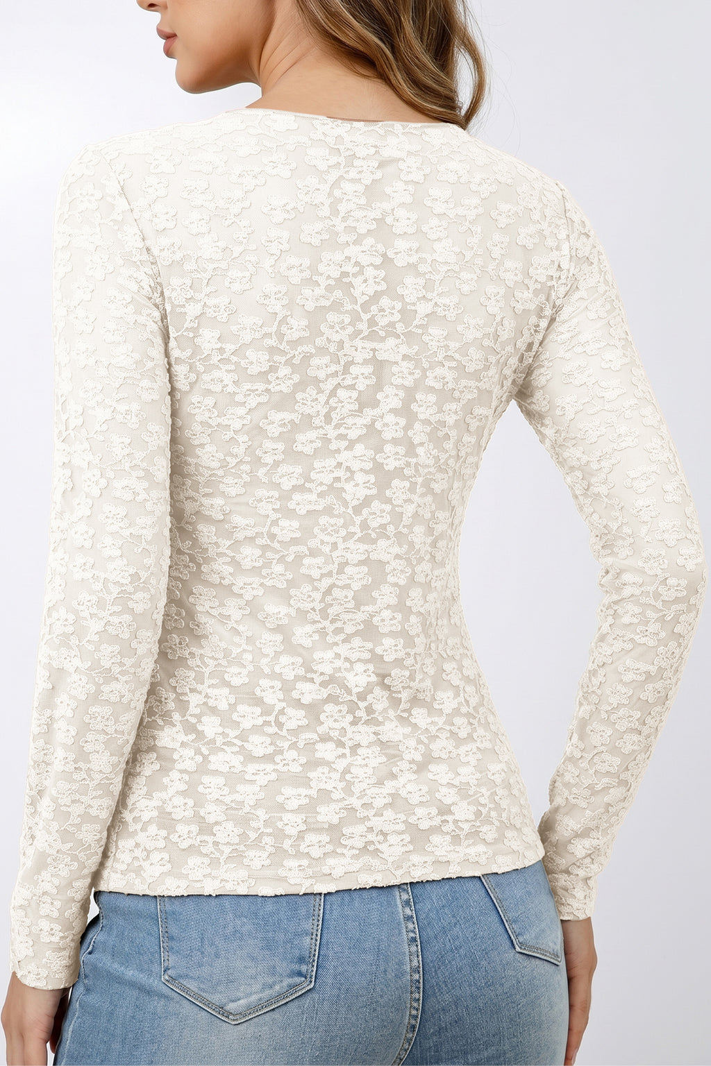 White Solid Color Floral Textured Long Sleeve Top