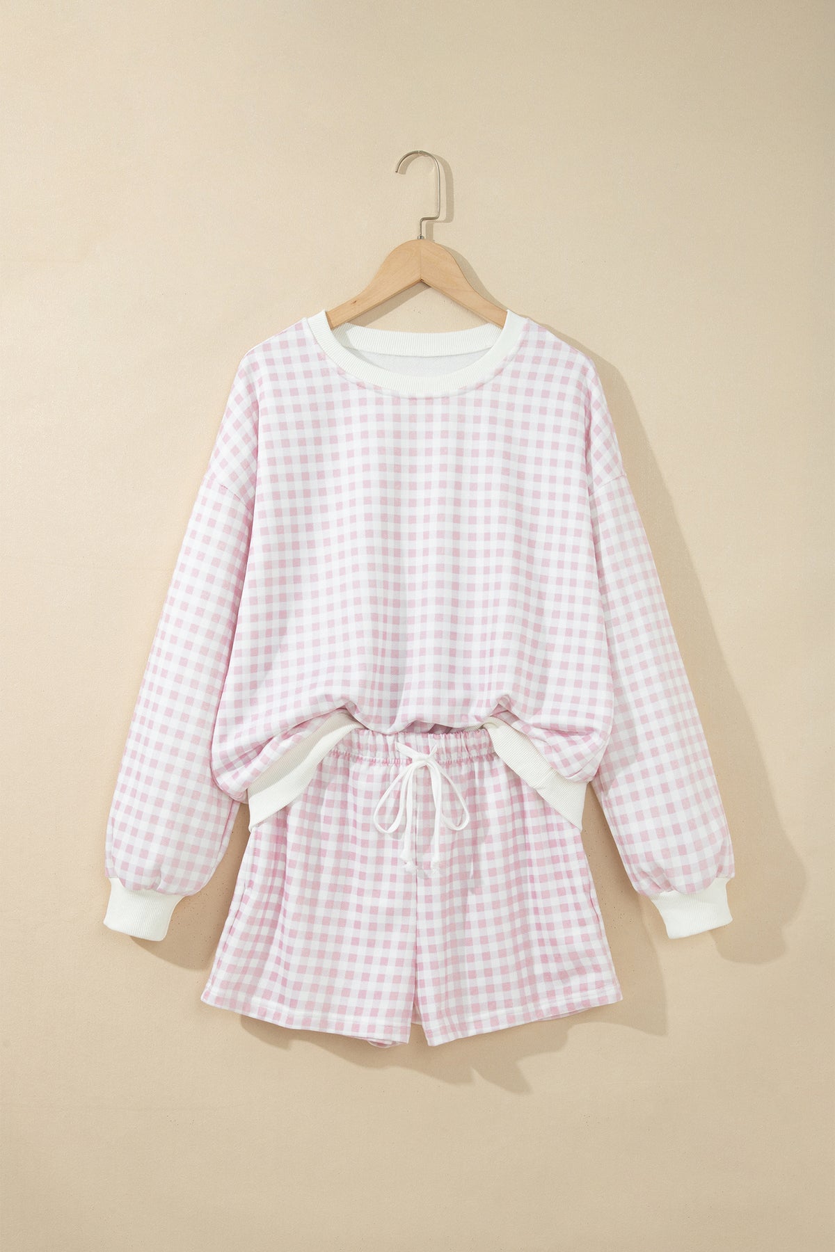 Pink Plaid Baggy Pullover Drawstring Casual Shorts 2pcs Outfit