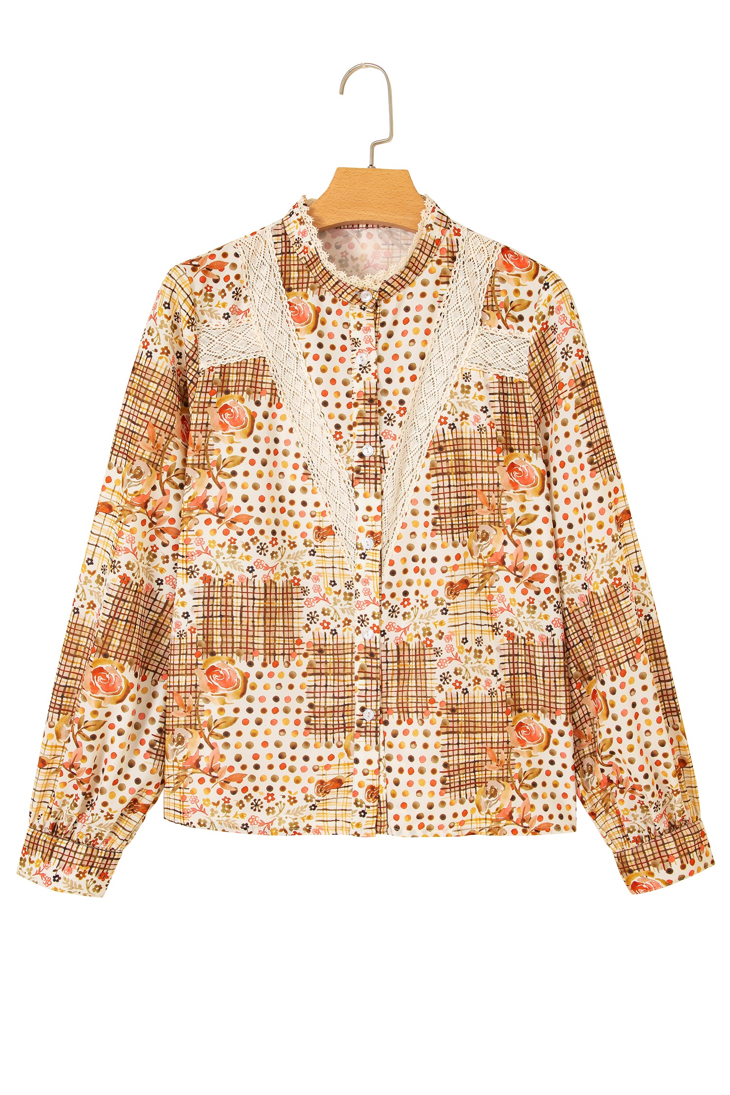Brown Floral Lace Trim Button Down Long Sleeve Shirt