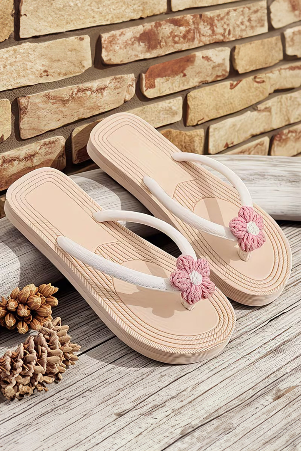 Khaki Corded Flower Vacation Casual Flip Flops