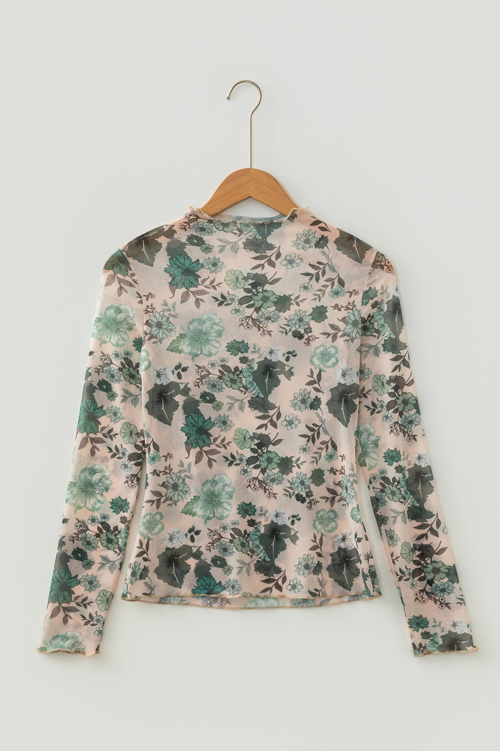 Green Western Style Floral Print Long Sleeve Mesh Top