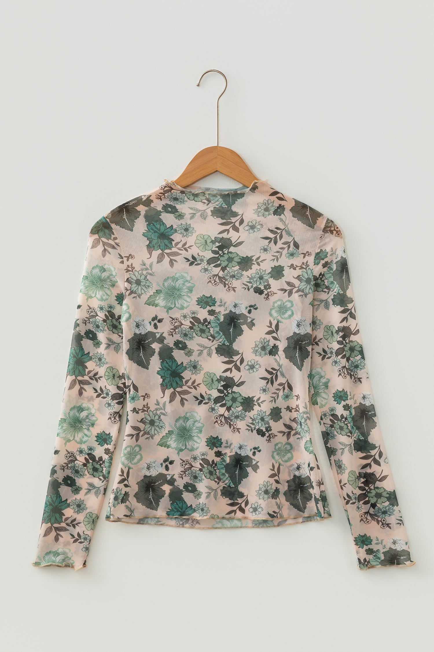 Green Western Style Floral Print Long Sleeve Mesh Top