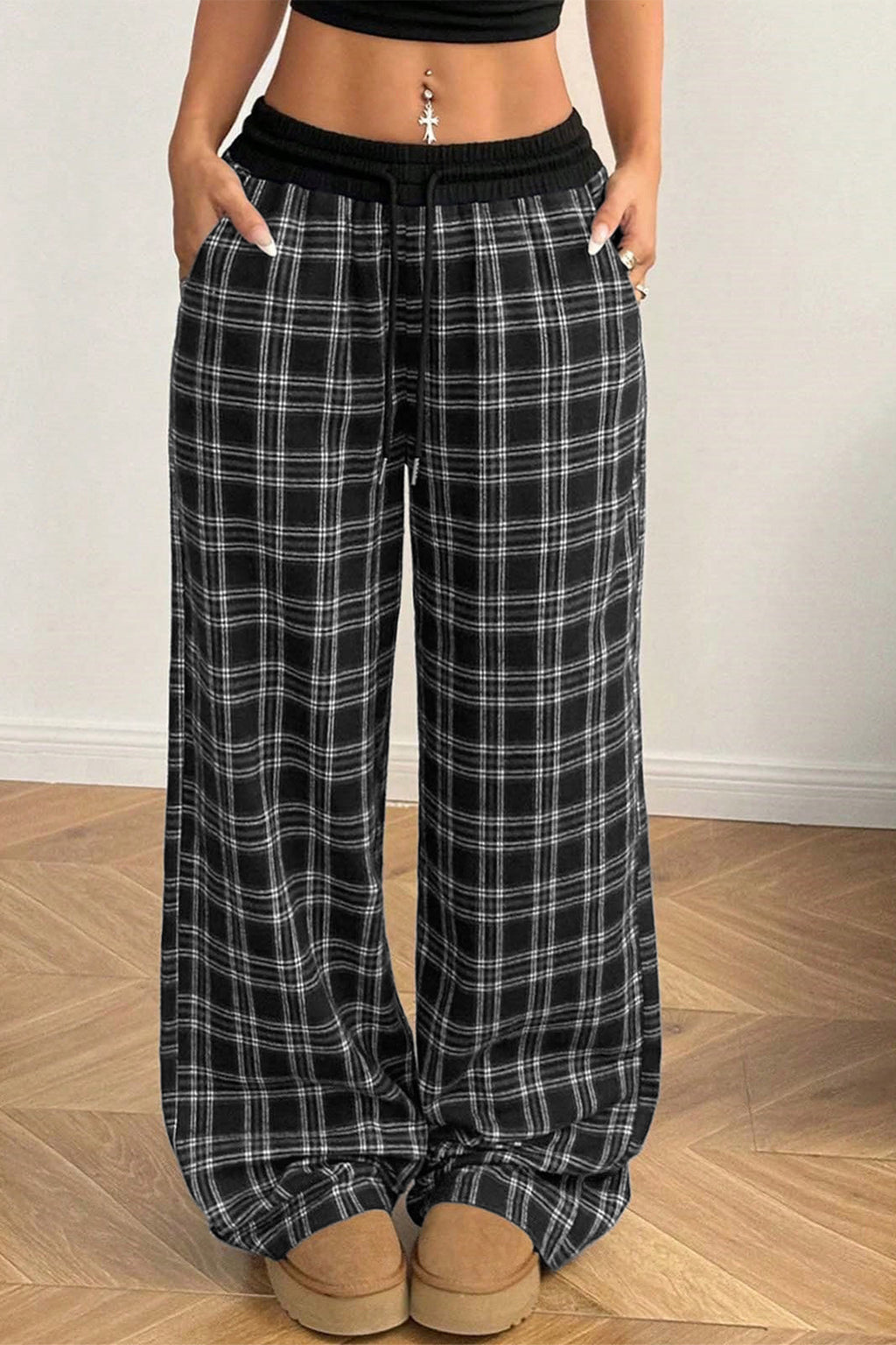 Black Frenchy Plaid Pattern Contrast Drawstring Waist Wide Leg Pants