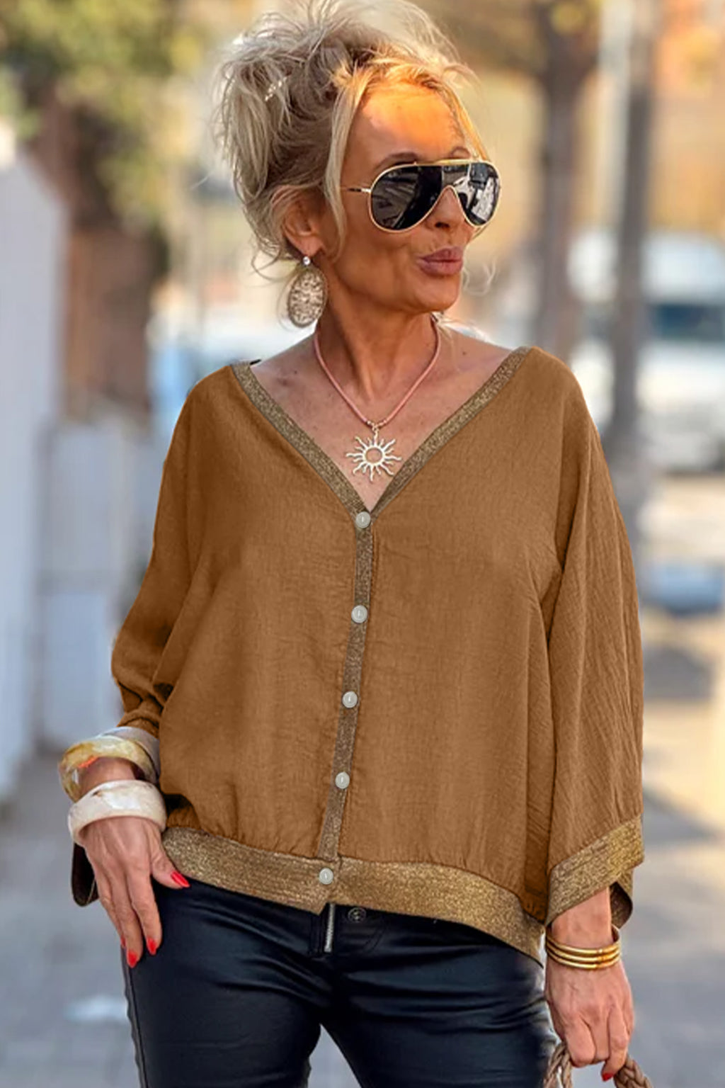 Brown V Neck Glitter Trim Patchwork Button-Front Blouse