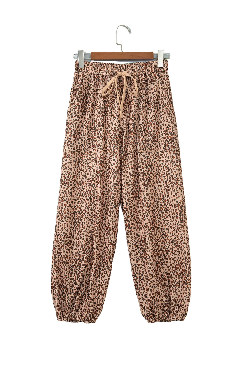 Khaki Leopard Print Drawstring Waist Patch Pockets Pants