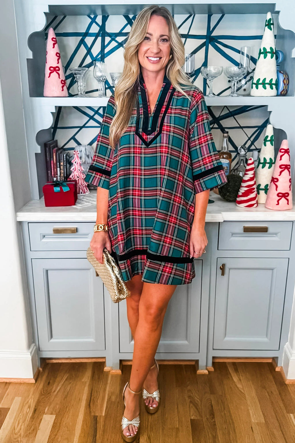 Green Plaid Velvet Trim Pockets Short Shift Dress