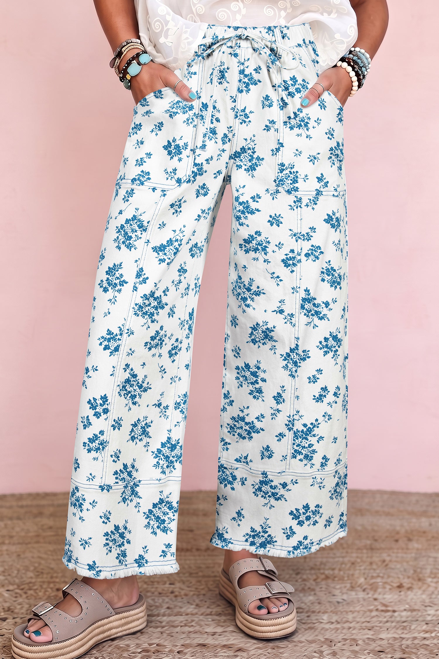 Sky Blue Floral Print Tie Waist Straight Leg Jeans