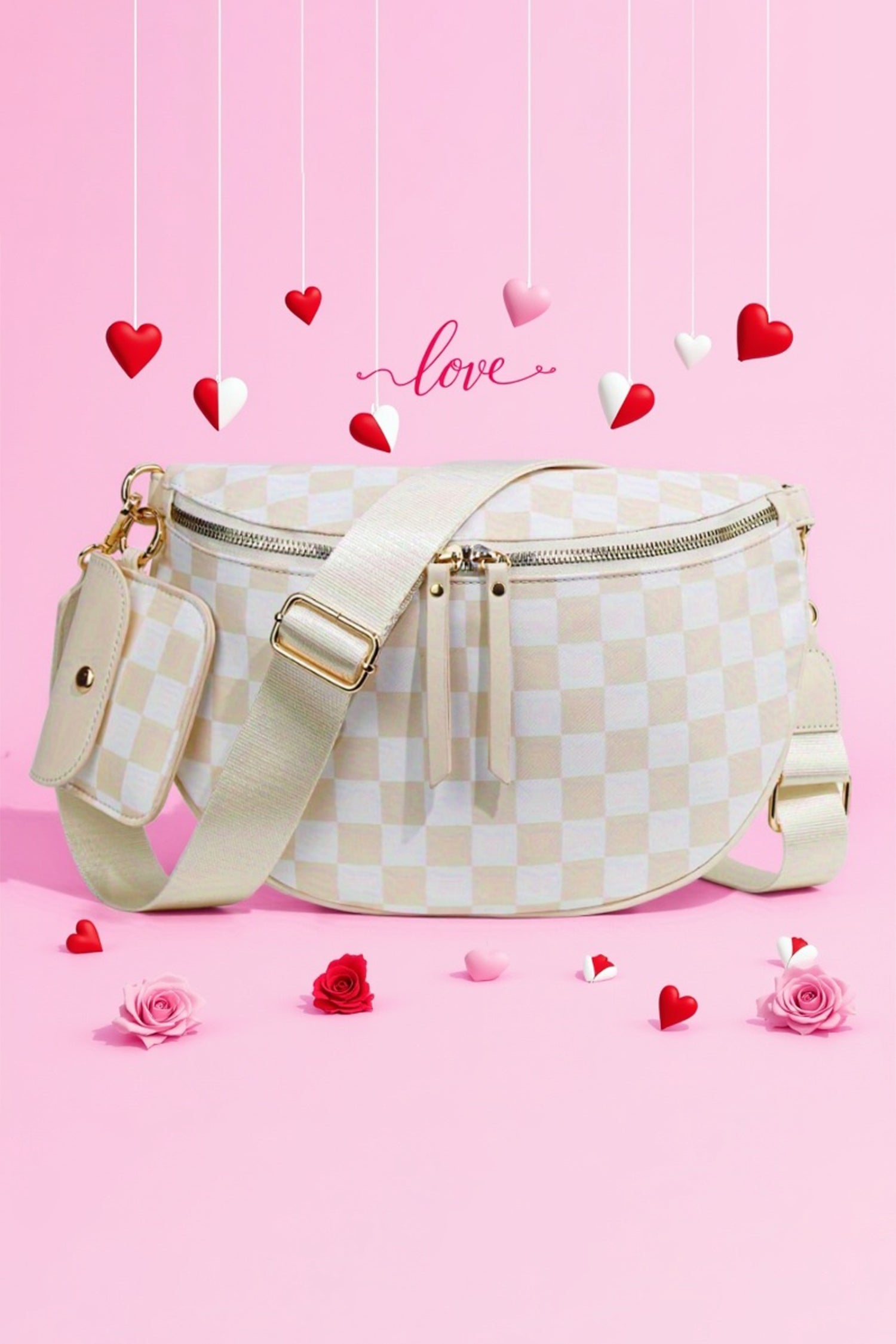 White Checkered Crescent Shoulder Bag with Detachable Pouch