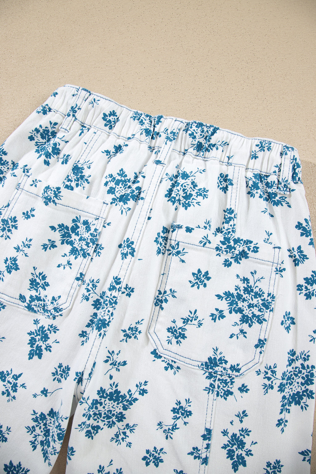 Sky Blue Floral Print Tie Waist Straight Leg Jeans
