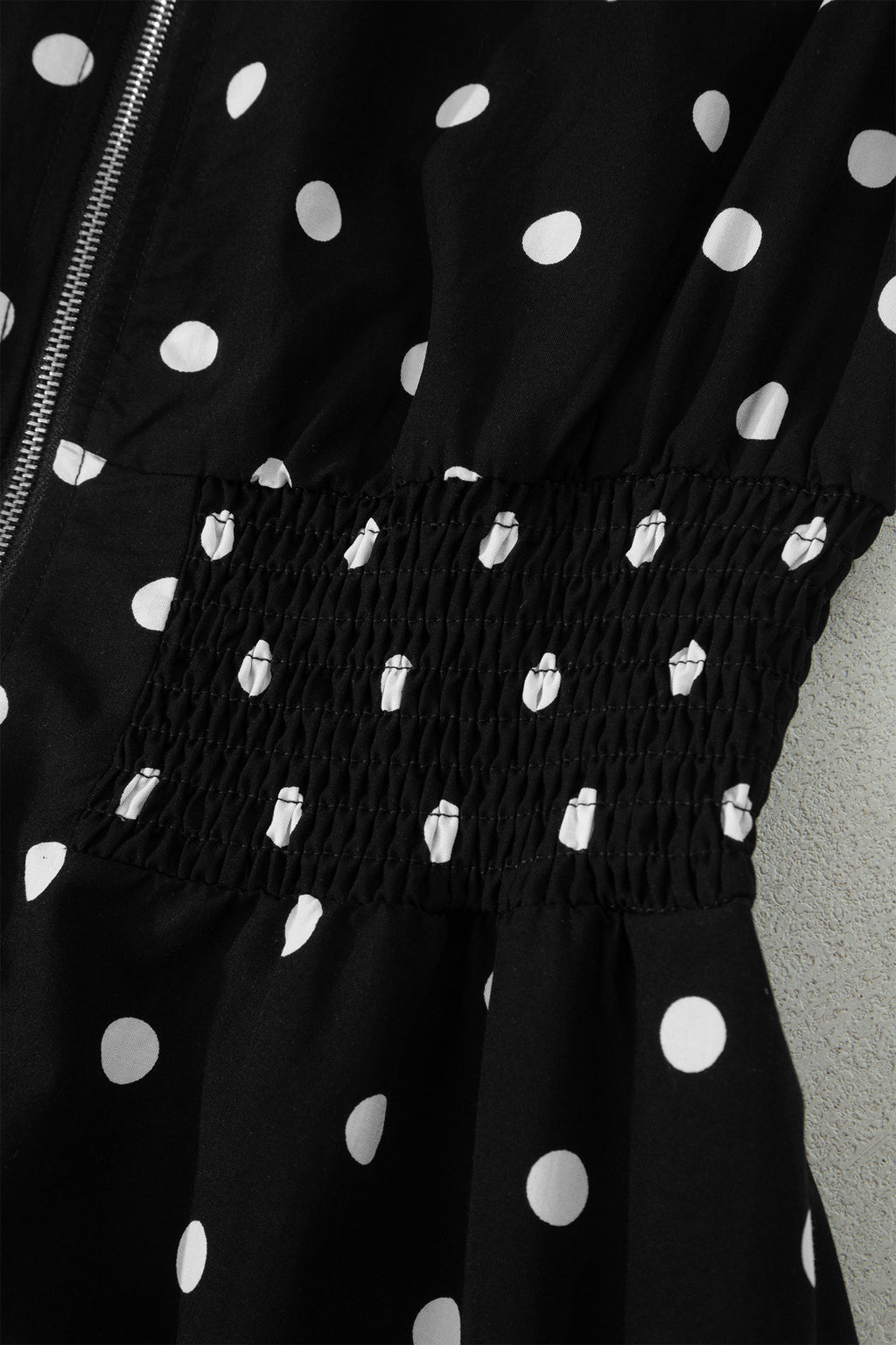 Black Polka Dot Print Contrast Trim V Neck Zip Up Sleeveless Dress