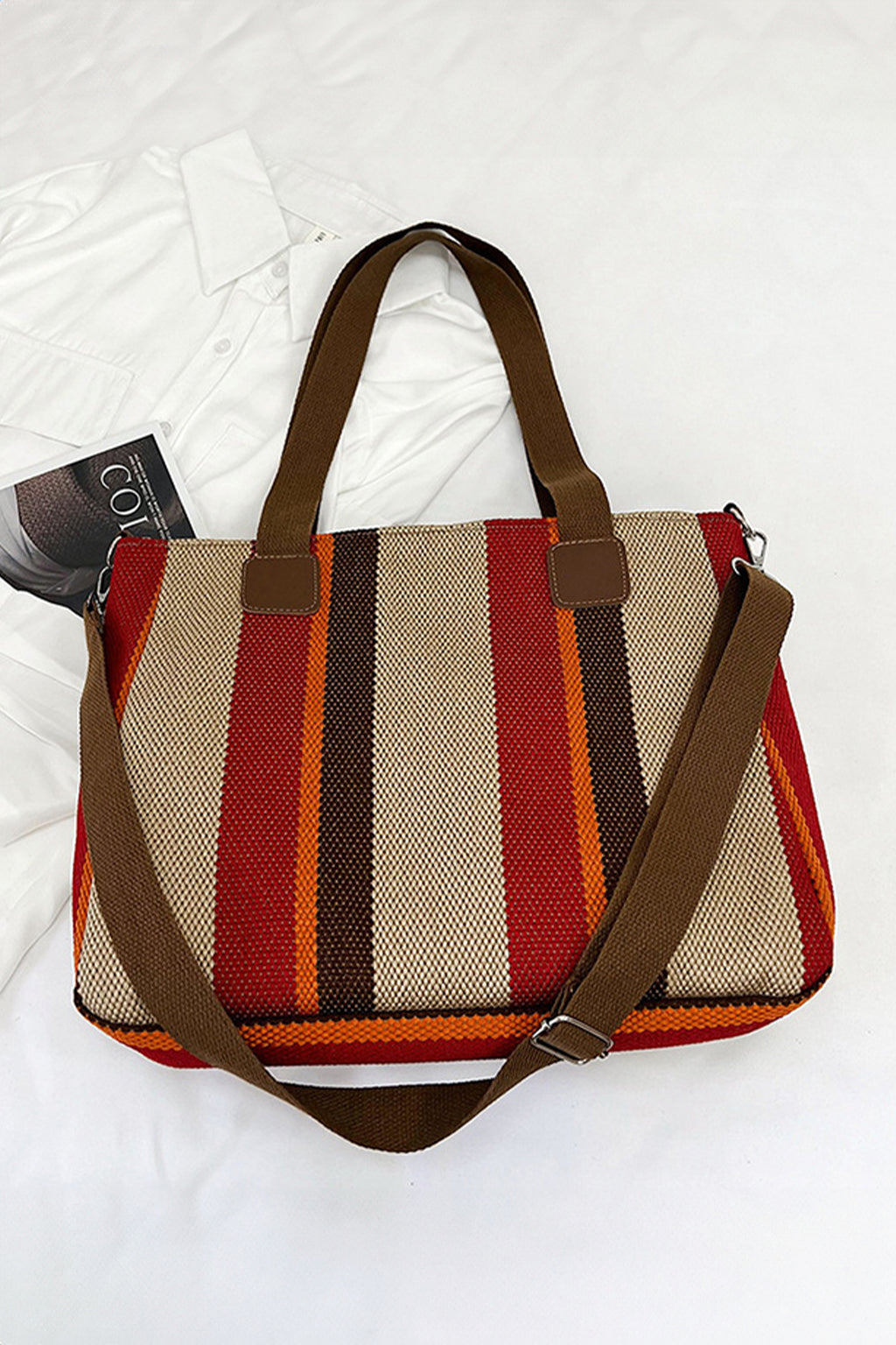 Fiery Red Canvas Striped Convertible Tote Bag