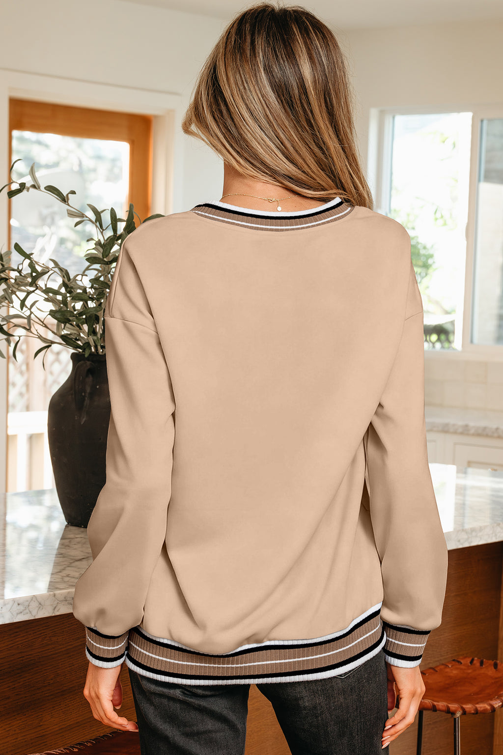 Gray Varsity Contrast Striped Trim V Neck Sweatshirt