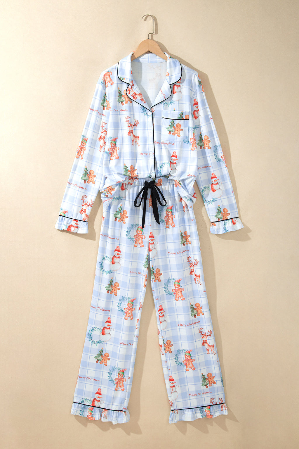 Sky Blue Plaid Cartoon Christmas Pattern Shirt Top 2pcs Pajama Set