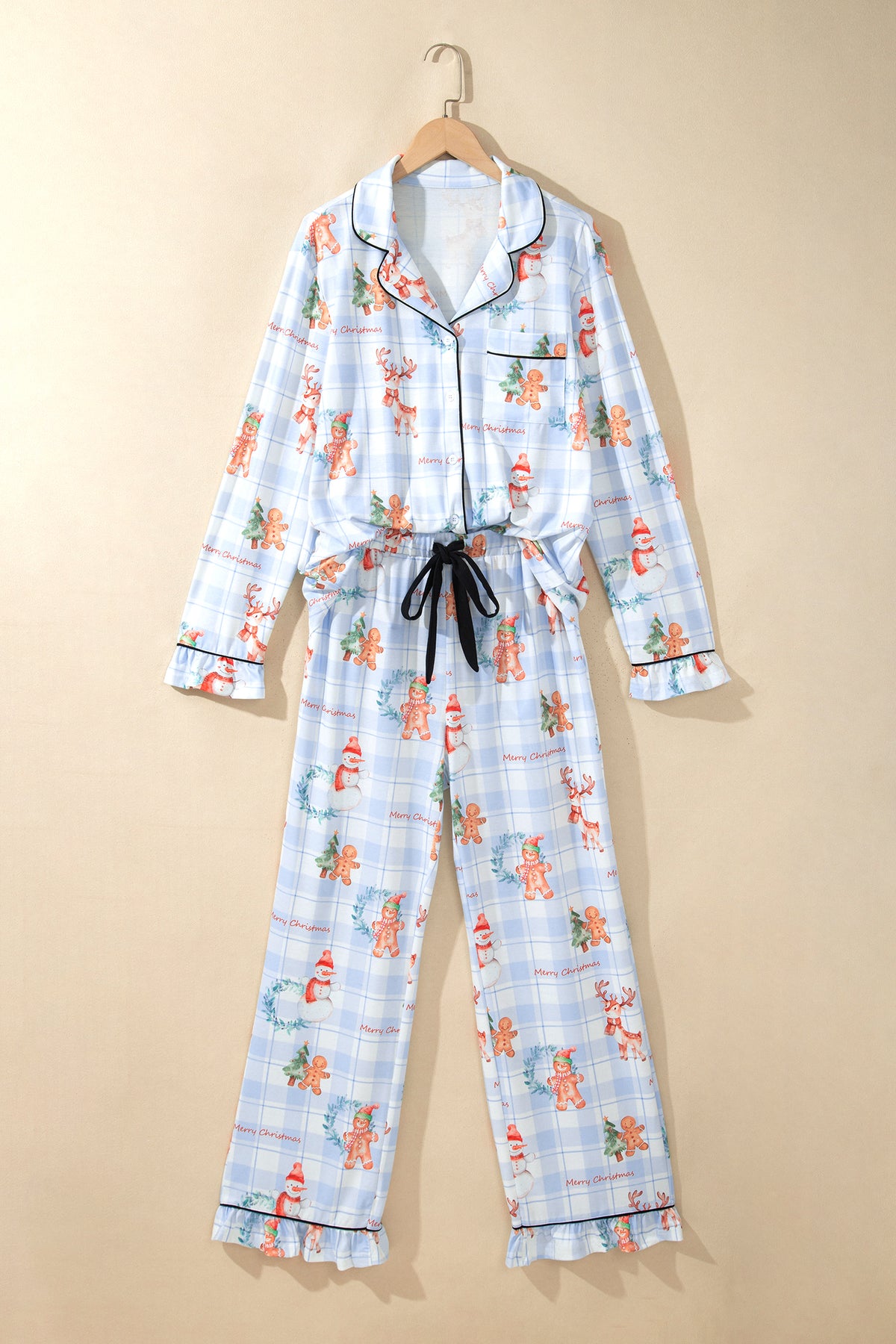Sky Blue Plaid Cartoon Christmas Pattern Shirt Top 2pcs Pajama Set