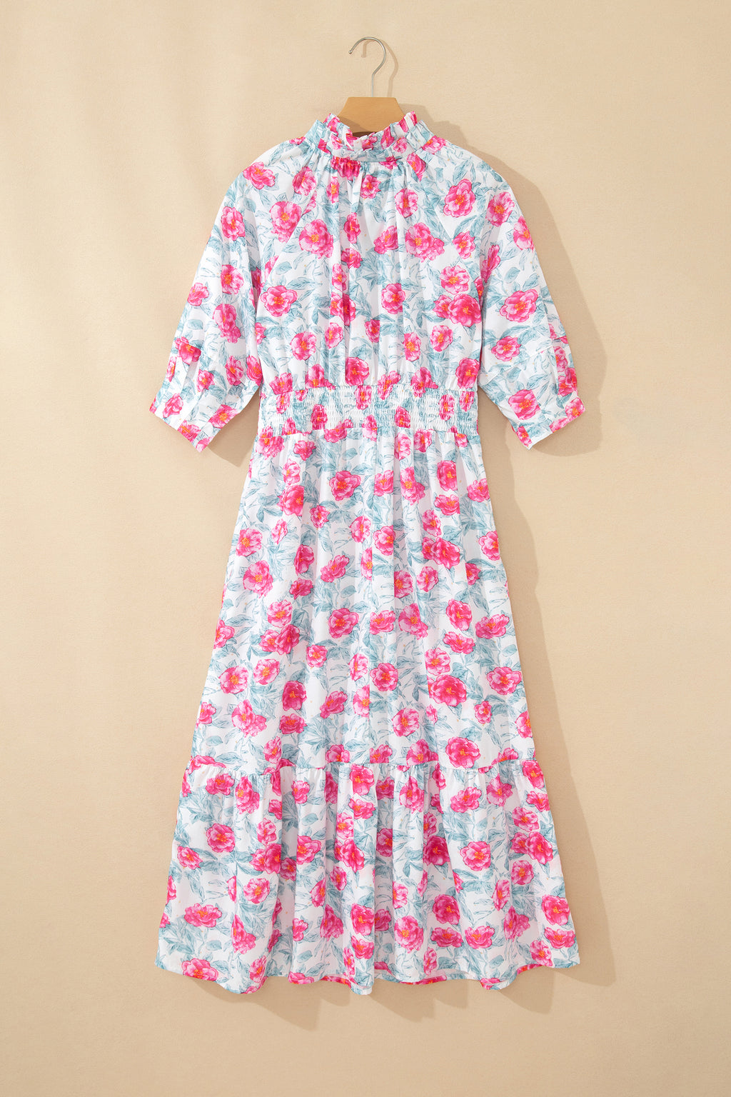 Red Elegant Floral Puff Sleeve Midi Dress
