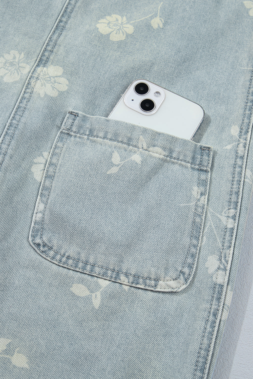 Sky Blue Retro Wash Denim Floral Print Overall Mini Dress