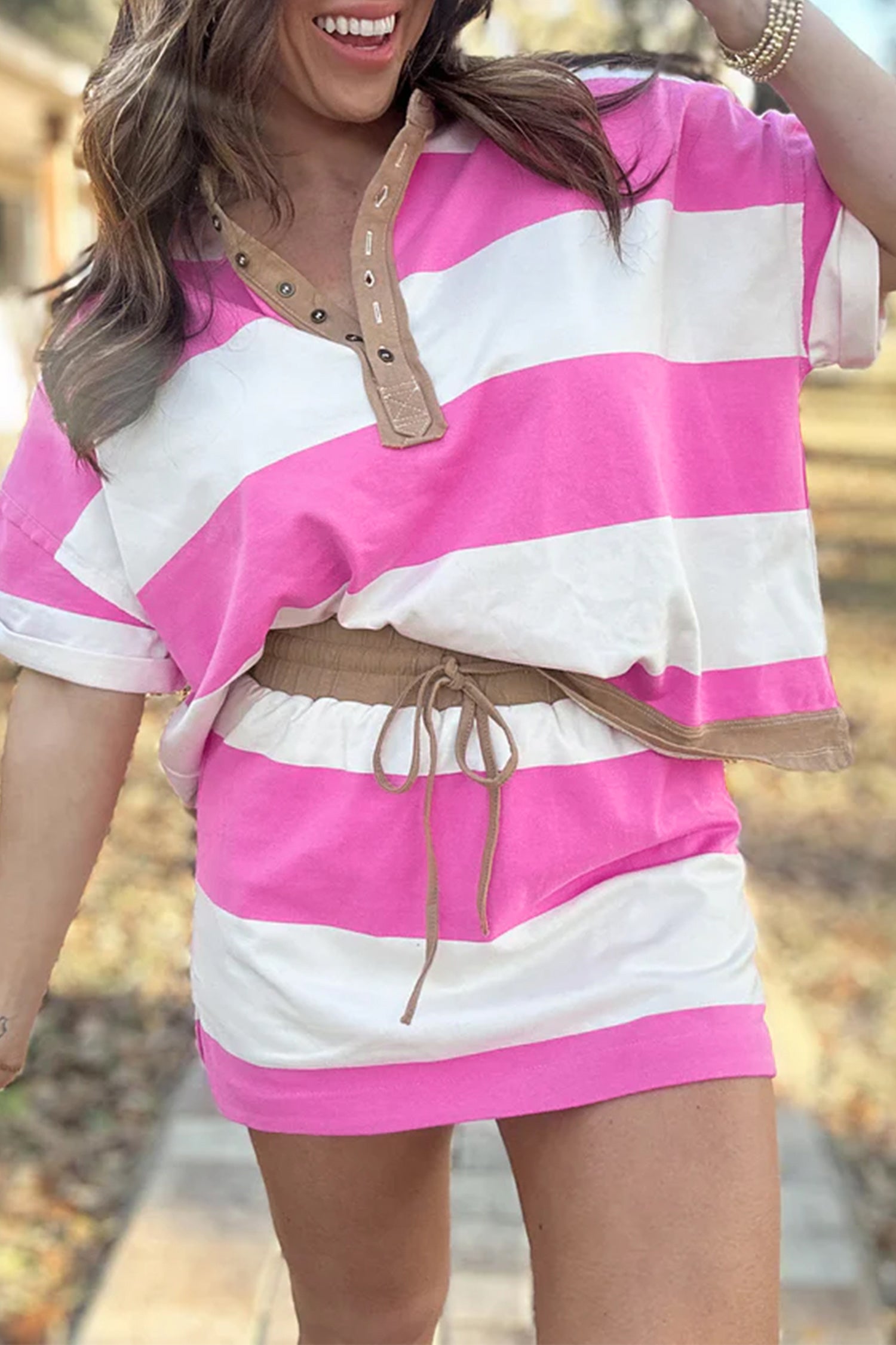 Rose Stripe Colorblock Trim Polo Tee Drawstring Mini Skirt 2pcs Set
