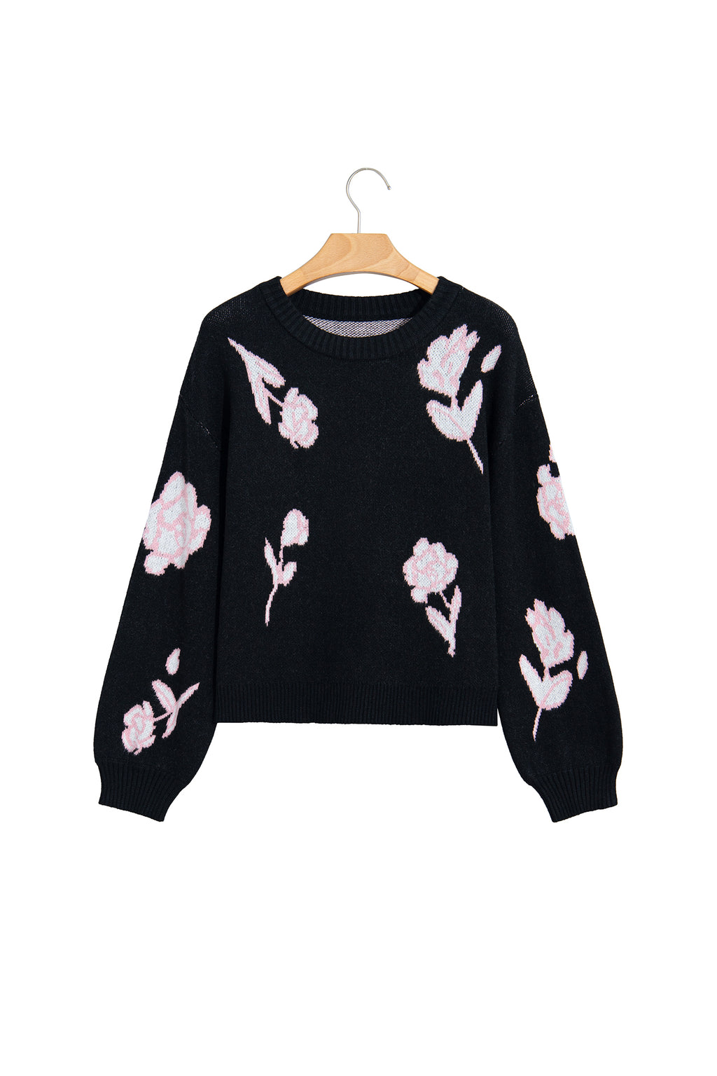 Black Floral Pattern Puff Sleeve Dropped Shoulder Pullover Sweater