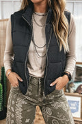 Black Textured Quilted Stand Neck Zipper Winter Vest