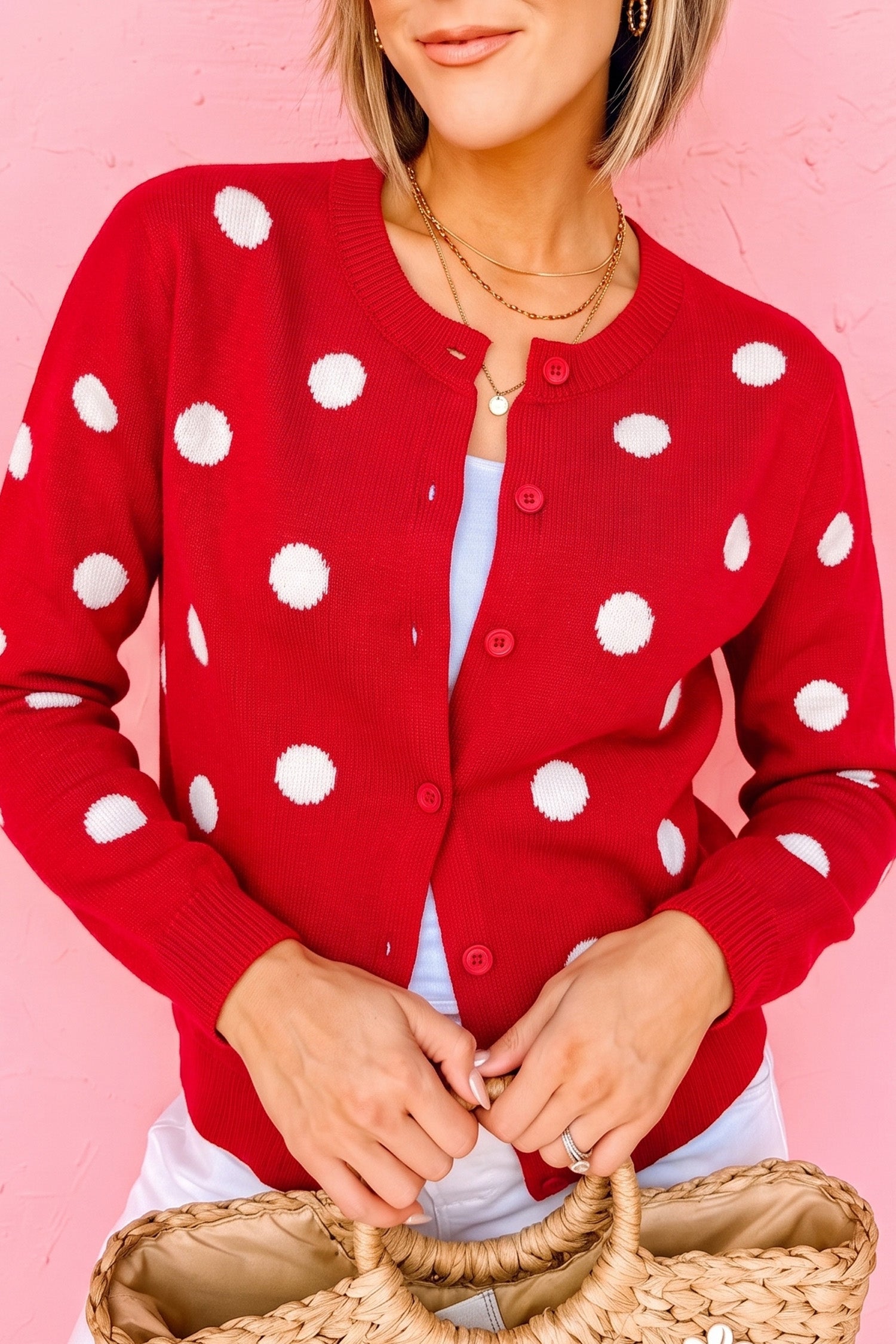 Bluing Casual Polka Dot Button Front Long Sleeve Sweater Cardigan