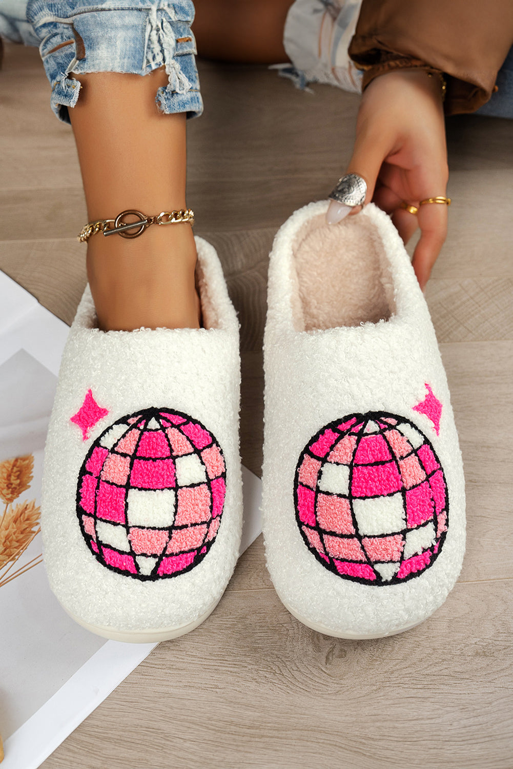 Black Disco Ball Print Fuzzy Winter House Slippers