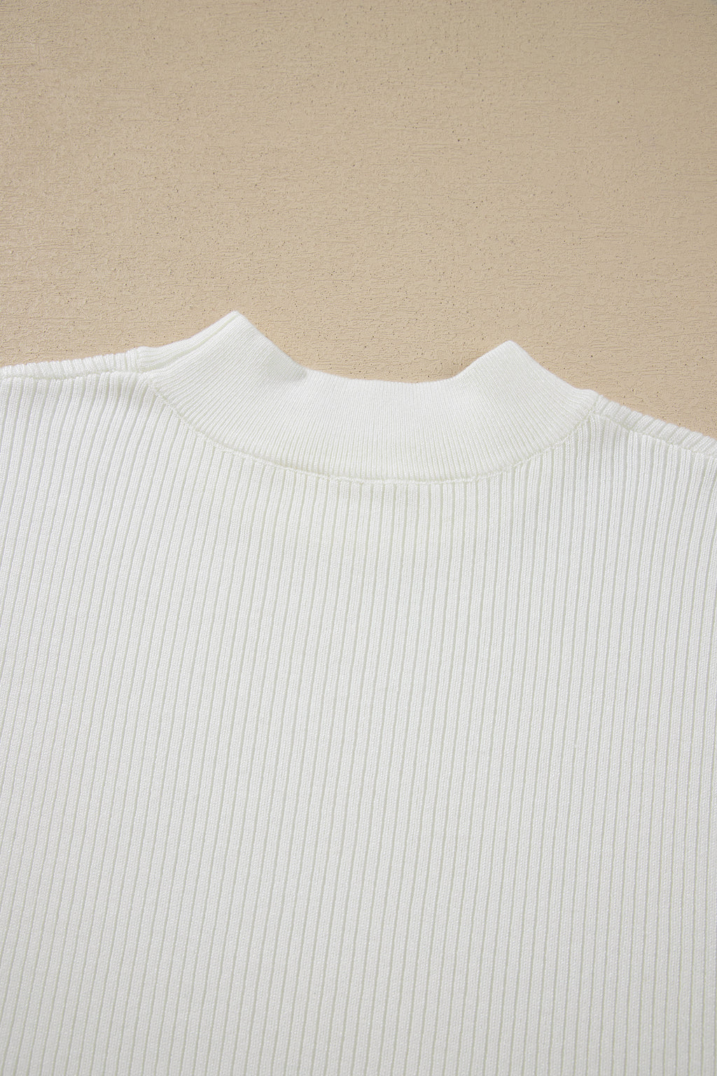 White Solid Color Ribbed Knit Mock Neck Loose Short Sleeve Sweater