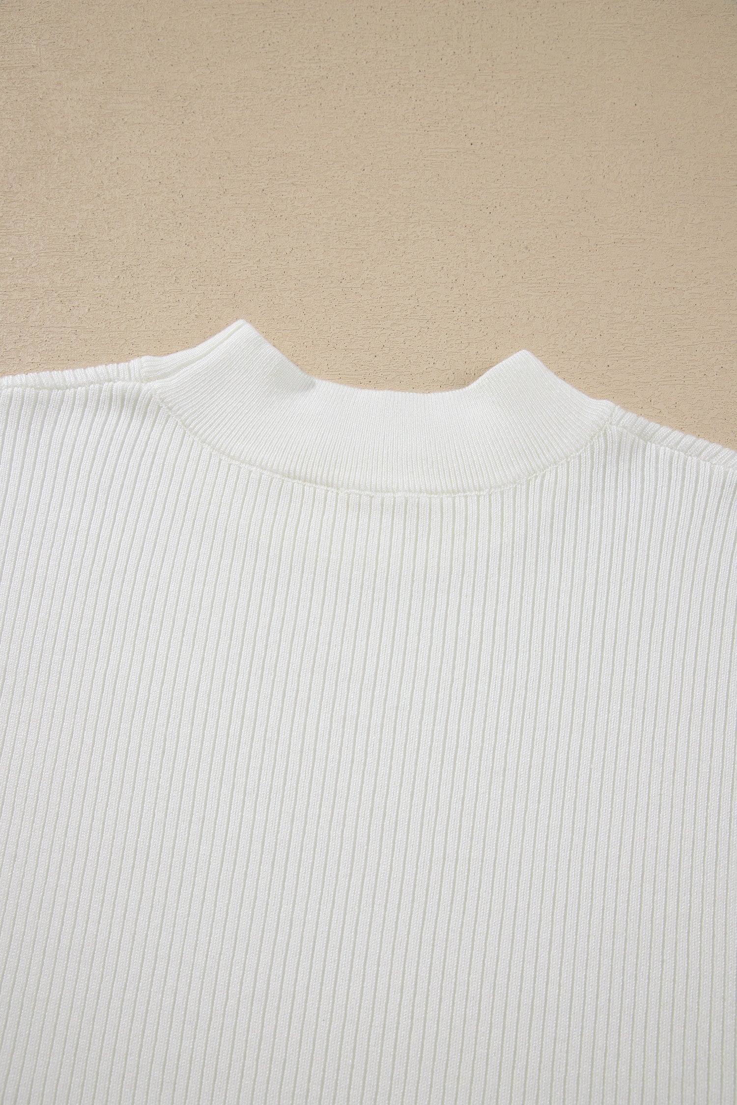 White Solid Color Ribbed Knit Mock Neck Loose Short Sleeve Sweater