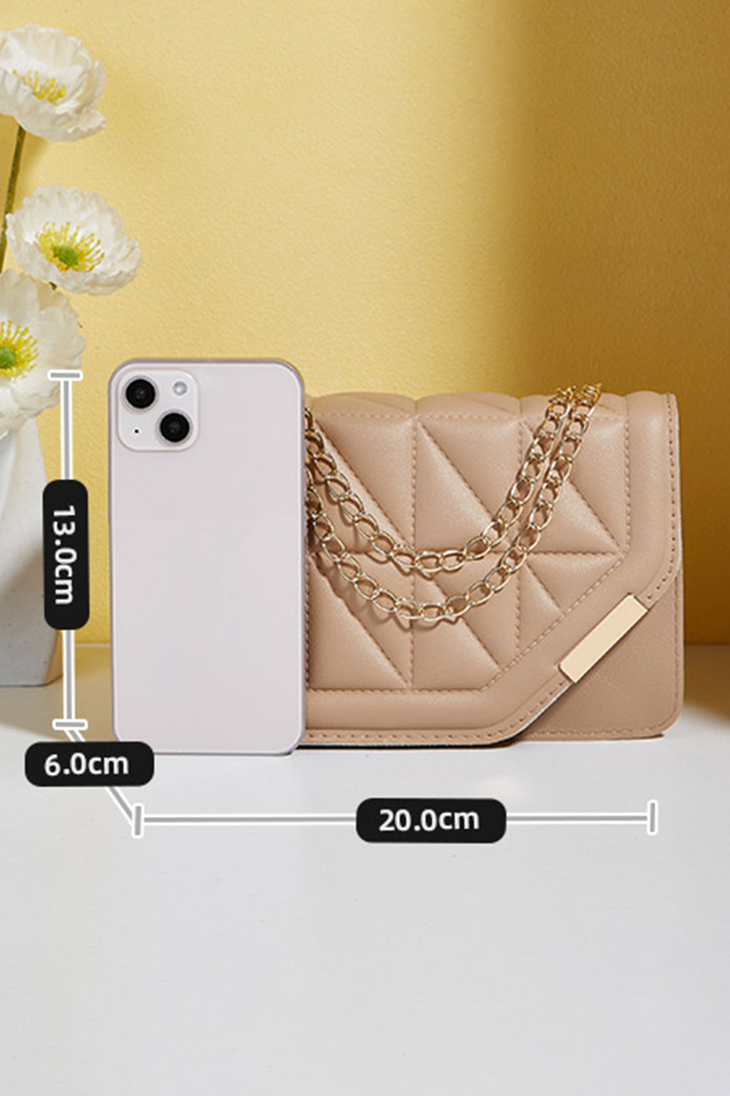 Khaki PU Leather Quilted Texture Asymmetric Cover Chain Strap Square Shoulder Bag