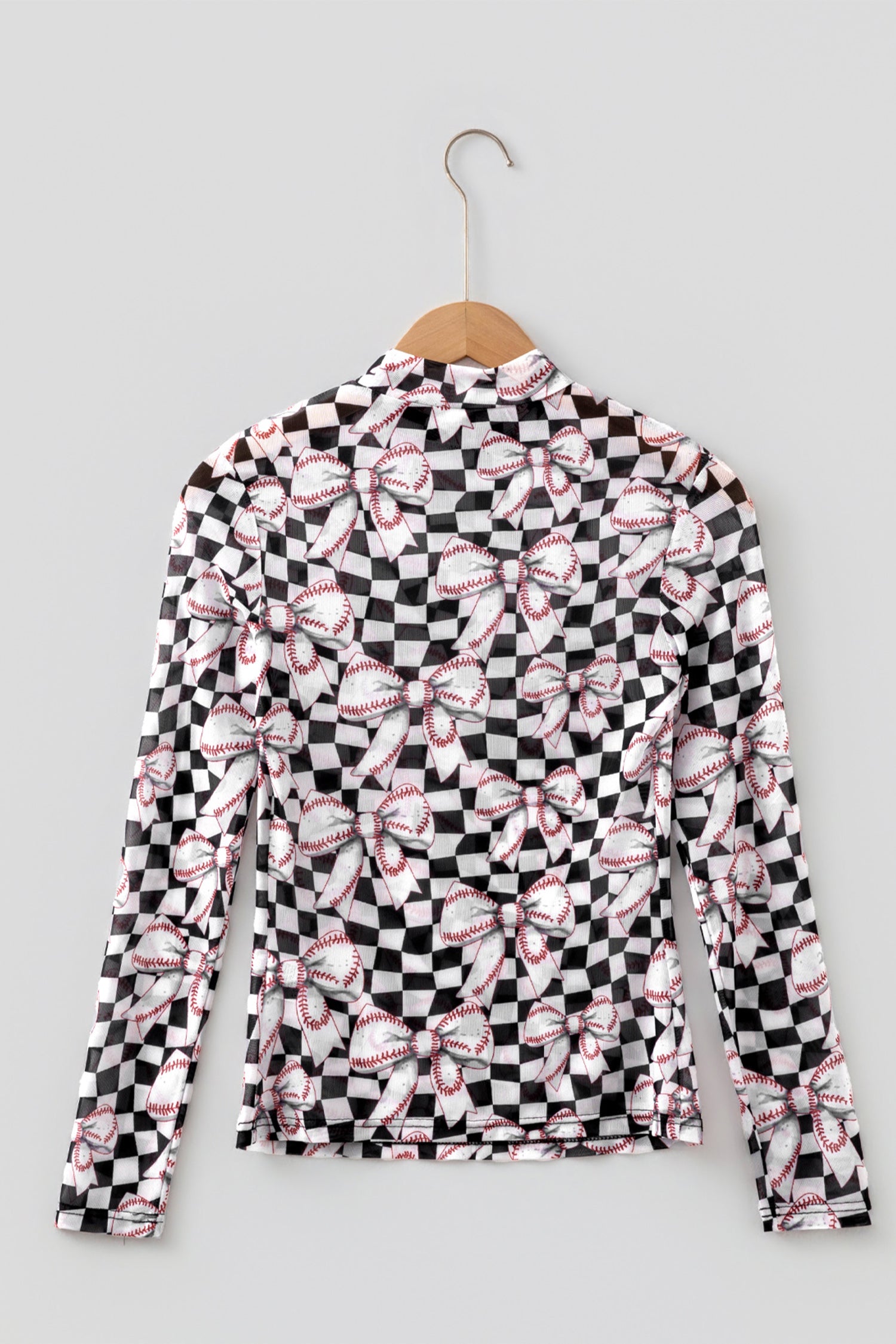 Black High Neck Plaid Baseball Bow Long Sleeve Pullover Tops