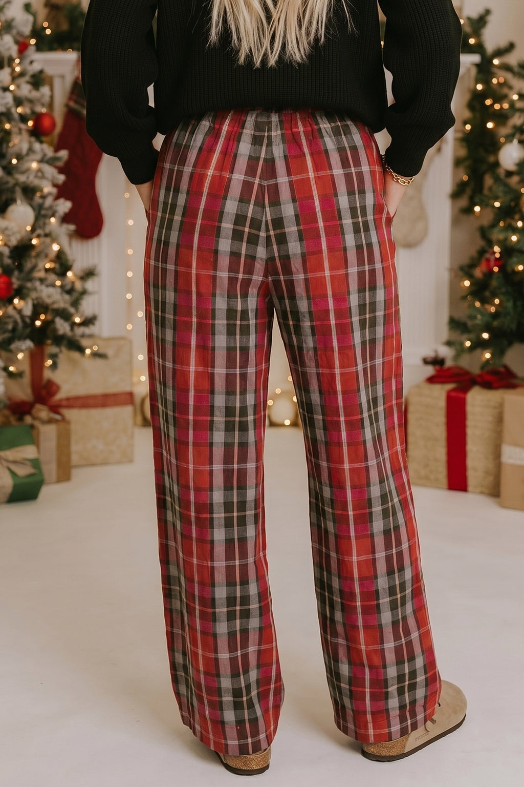 Red Plaid Elastic Waist Pocket Regular Full-Length Pants