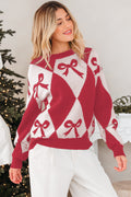 Red Bow Print 2-tone Rhombus Knit Loose Sweater