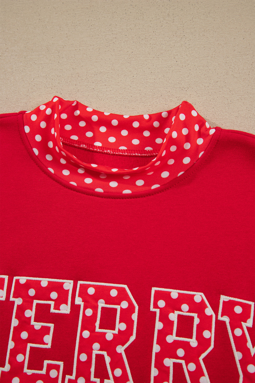 Tomato Red Polka Dot Letter Print Contrast Trim Mock Neck Sweatshirt