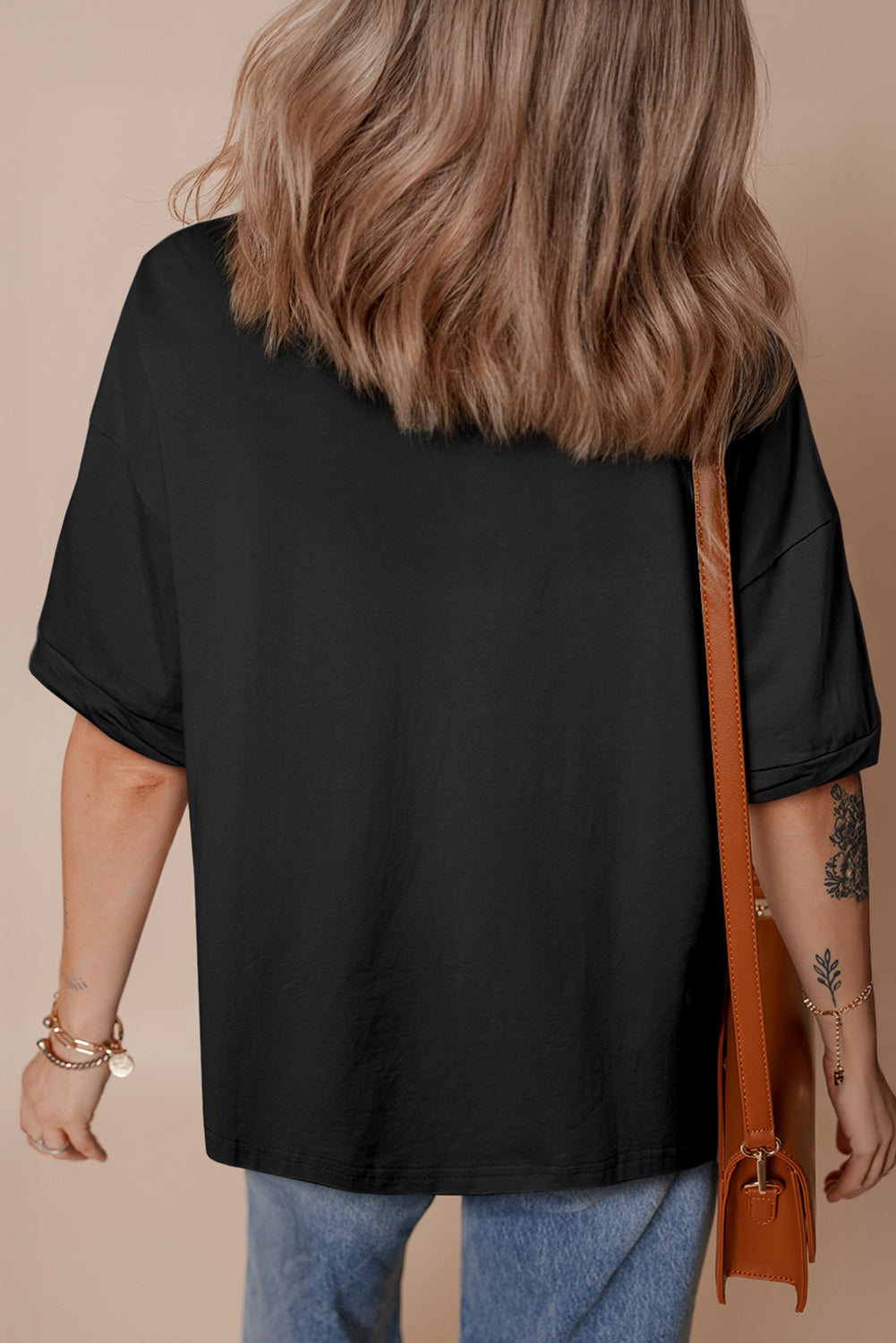 Black Sequin Rugby Football Patched Crewneck Loose T Shirt